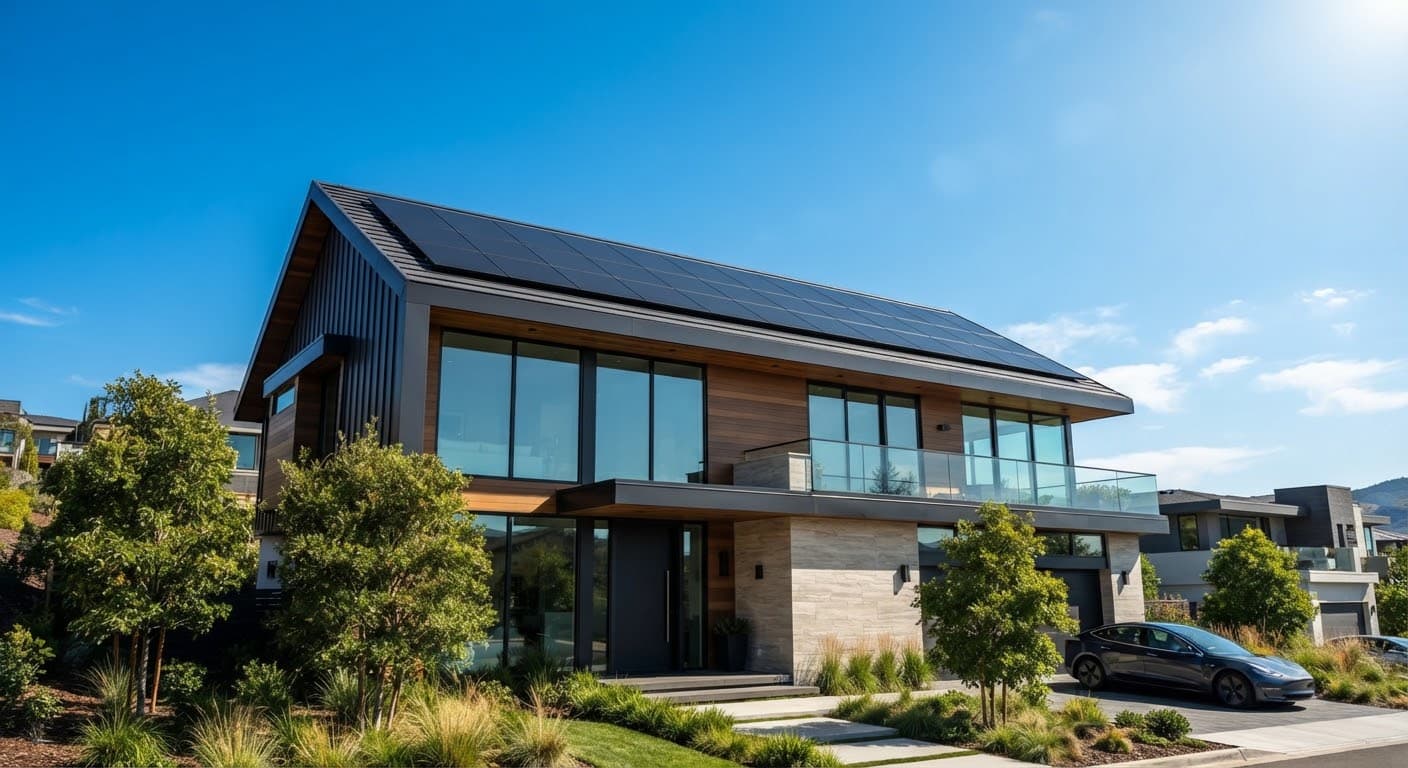 Modern home with black monocrystalline solar panels at golden hour