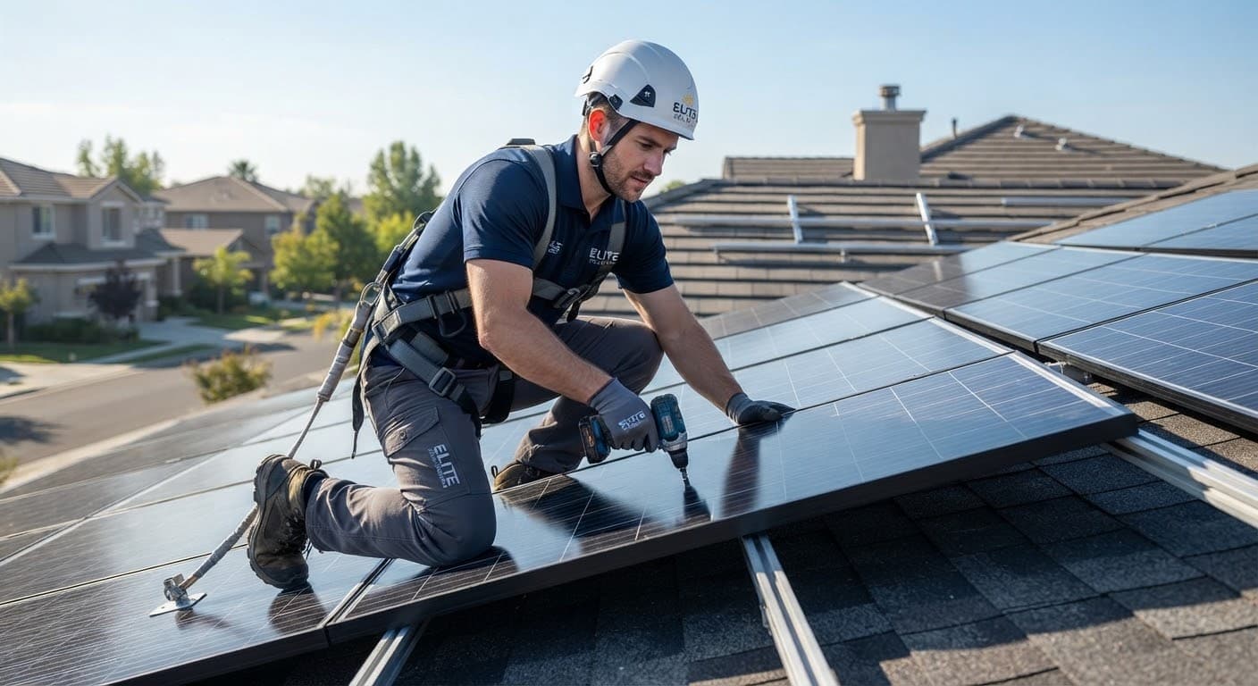 Elite Solar technician installing a panel on a residential rooftop