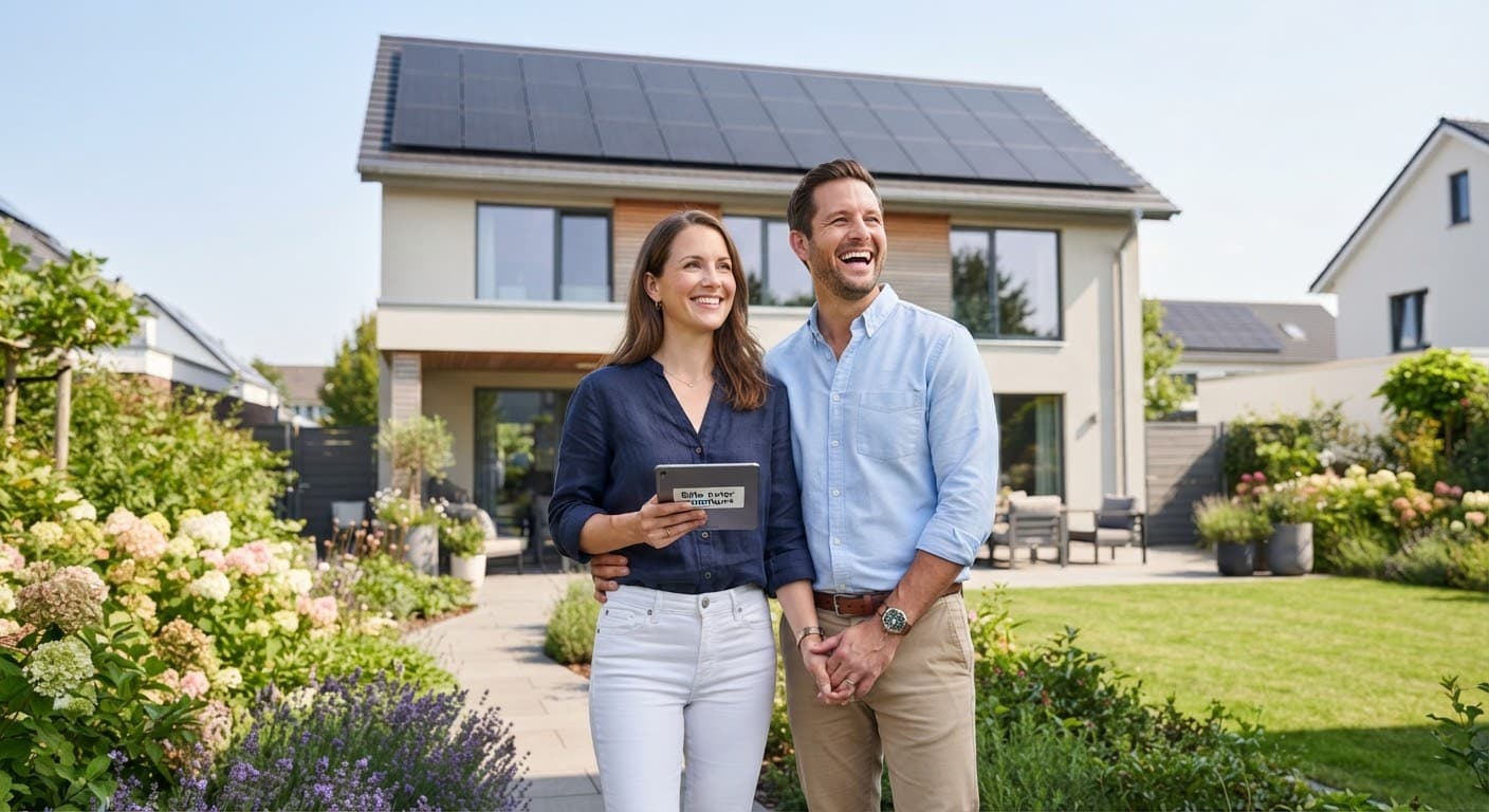 Couple standing in front of their solar home
